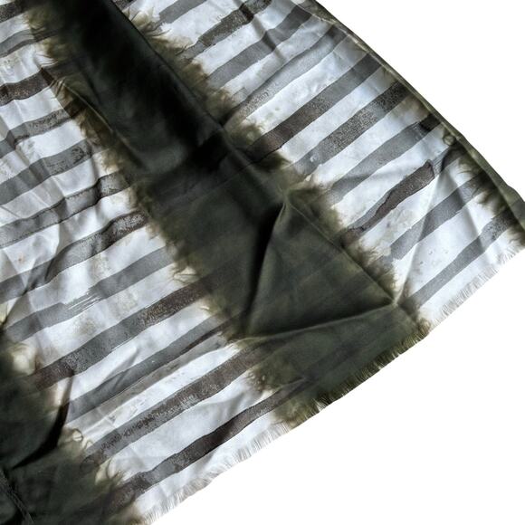 Chico’s silk scarf wrap shawl khaki green & white mod abstract stripes fringe - Picture 10 of 13